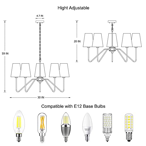 Jsdorsy Chandelier With White Fabric Shade, Black Dining Room Light Fixtures Over Table, Classic Pendant Light Fixtures Ceiling Hanging For Living Room Bedroom, 5-Arm, 30" Dia #TOP5