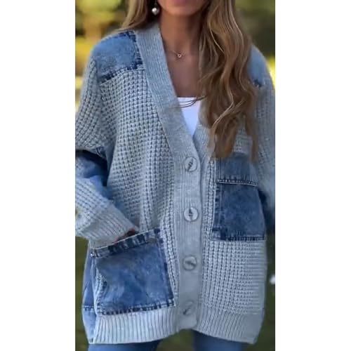 Patchwork Cardigan Sweaters for Women Fall Winter Vintage Chunky Cable Knit Button Down Cardigans with Pockets3