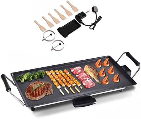 TANGZON Electric Teppanyaki Table Grill, 1800W/2000W Non-Stick Barbecue Griddle with 6 Wooden Spatulas and 2 Unsticking Rings, Portable Family Party Tabletop BBQ Hot Plate for Indoor Outdoor (48x27cm)