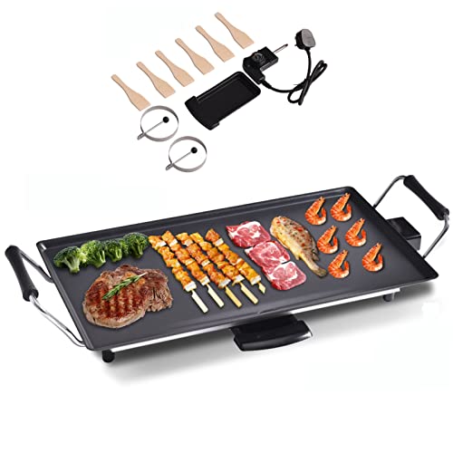 TANGZON Electric Teppanyaki Table Grill, 1800W Non-Stick Barbecue Griddle with 6 Wooden Spatulas and 2 Unsticking Rings, Portable Family Party Tabletop BBQ Hot Plate for Indoor Outdoor (48x27cm)