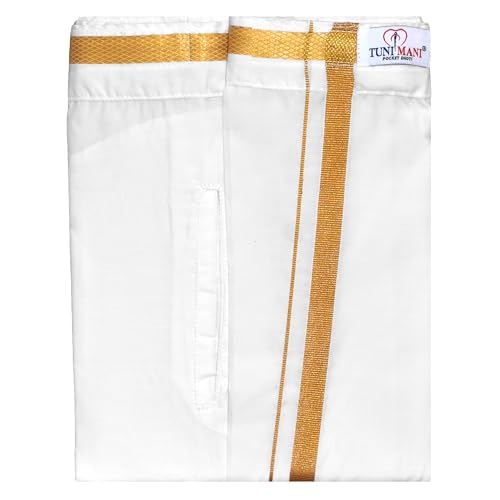 Image of TUNI MANI Men's South Indian Traditional Readymade Polyester Welcro Dhoti With side Pocket | Adjustable for all Size (28 inch-44 inch inches)