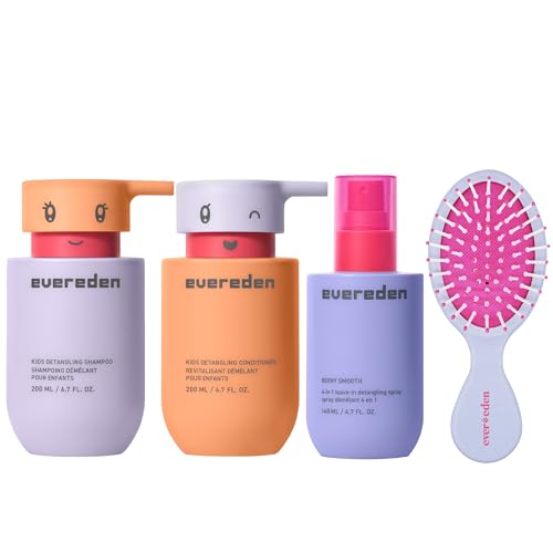 Evereden Kids Complete Haircare Set: Hair Detangling Shampoo, Conditioner & Spray for Children Ages 3+ & Pain-Free Hair Brush, Plant Protein Peptides & Argan Oil, Vegan, Free from Sulfate and Paraben