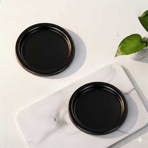 Beeutik Matte Black Candle Holders Set of 2, Iron Pillar Candle Tray for 3 Inch Candles, Wax Catching Metal Candle Plate for Wick & LED Candles, Decorative Candle Stand for Table Centerpiece