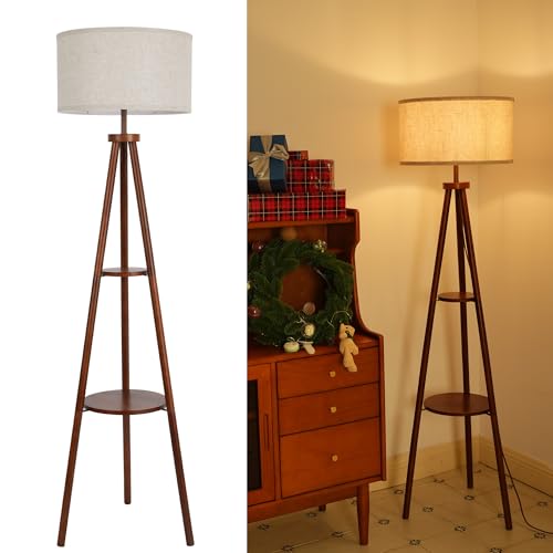 LuminexDesigns Lampada da Terra Treppiede in Legno con Ripiano, Piantana Vintage Rustica Retro in Noce con Paralume in Tessuto, Interruttore a Pedale, 154 cm, E27, per Soggiorno, Camera da Letto