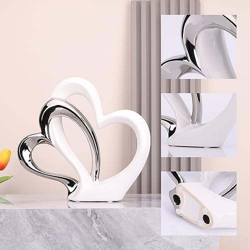 Estatua Dubble Heart de Cerámica Blanca y Plateada miniatura 3