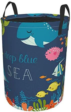 Janrely Large Round Storage Basket with Handles,Cartoon Underwater Sea Animal Deep Ocean Starfish Turtle Blue,Waterproof Coating Organizer Bin Laundry Hamper for Nursery Clothes Toys 19"x 14"