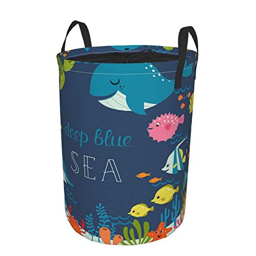 Janrely Large Round Storage Basket With Handles,Cartoon Underwater Sea Animal Deep Ocean Starfish Turtle Blue,Waterproof Coating Organizer Bin Laundry Hamper For Nursery Clothes Toys 19"X 14" #TOP1