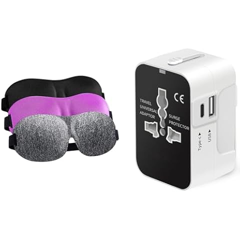 All in One Travel Adapter with USB-C and 3D Sleep Eye Mask Travel Combo Set Cover