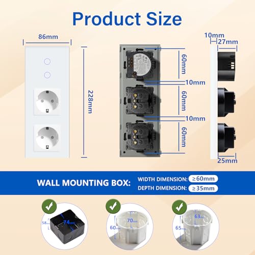BSEED Touch Lichtschalter mit Schuko Steckdose mit LED Anzeiger 2 Fach 2 Wege Glas Lichtschalter mit Doppelt Wandsteckdosen Wei&szlig; 228mm