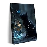ssangugu Magical Kitten with Firefly Jar and Blue Butterfly Canvas Print - Fantasy Art,Whimsical Pet Poster,Enchanting Wall Decor for Bedroom,Living Room,-Frame-20x30inch(50x75cm)