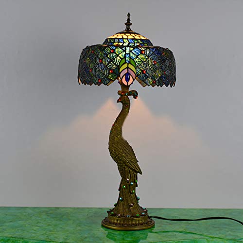 Errzom Peacock Table Lamp Tiffany Table Light Fixtures Desktop Lamp with Retro Resin Peacock Base Stained Glass Peacock Shade for Living Room Bedroom Computer Desk Decoration Lights