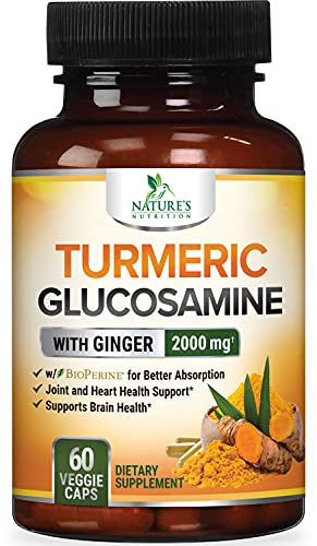 Turmeric Curcumin with Ginger, Glucosamine & MSM 2000mg - BioPerine Black Pepper for Absorption, Made in USA, Natural Immune Support, Turmeric Joint Supplement by Natures Nutrition - 60 Capsules