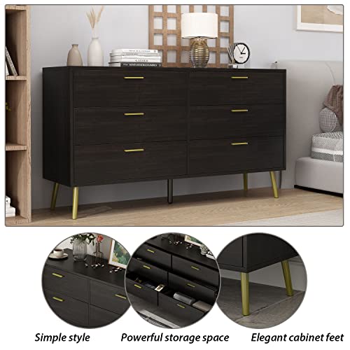 Didugo Chest Of Drawers 6 Drawer Dresser, Wide Storage 6 Drawer Chest With Metal Legs, Modern Contemporary Dresser For Bedroom Espresso (54”W X 15.6”D X 30.1”H) #TOP4