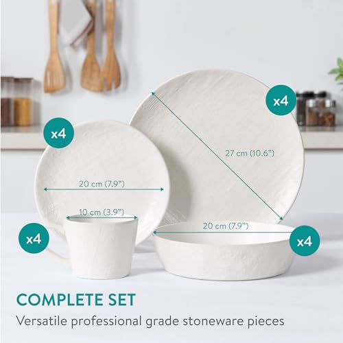 Navaris Servizio Piatti 4 Persone con 4 Tazze - Set 12 Piatti Moderni Colorati Particolari - Accessori Cucina Stile Moderno - Servizi Tavola in Ceramica - Gres Bianco Effetto Lino - immagine 5