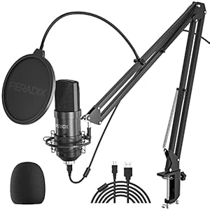 Peradix USB-condensatormicrofoon voor pc en laptop, studioopnamekit met microfoonstandaard, schokdemperhouder, voorruit…