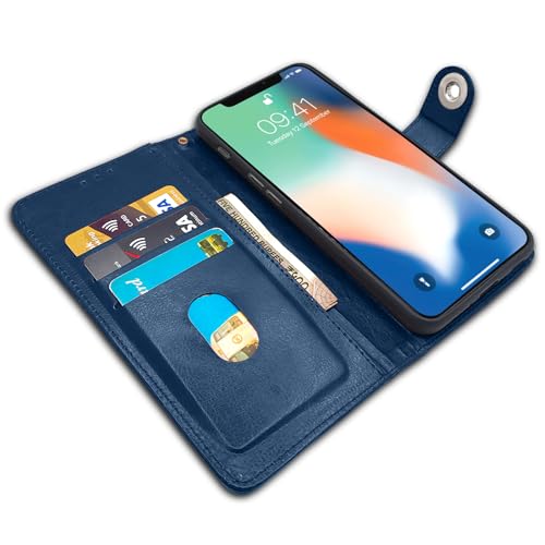 Image of Pikkme Flip Cover Leather Finish | Inside TPU with Card Pockets | Wallet Stand and Shock Proof | Complete Protection Button Flip Case iPhone X /Xs (Blue)