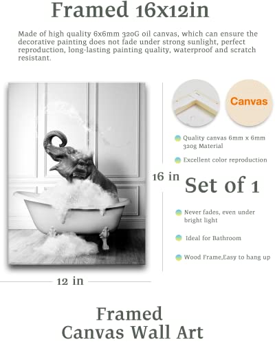 Ihery Funny Bathroom Wall Art Decor, Waterproof 12X16In Black And White Quality Canvas Wall Art Pictures, Wood Framed Funny Elephant Bathing Animals Abstract Prints For Bedroom Kids Room 1 Pack #TOP1