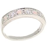 LBG Solid White 18ct Gold Ring for Women Natural Opal & Diamond Eternity Band Ring - Size O