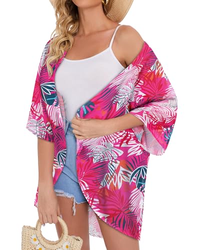 Image of Women's Floral Print Puff Sleeve Kimono Cardigan Loose Cover Up Casual Blouse Tops 2026
