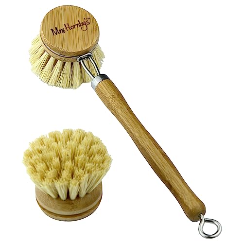 Dish Brush made from Bamboo & Sisal for Scrubbing Pots Pans and Surfaces with Replacement Head & Steel Neck