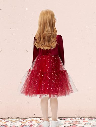 Girl Dress Velvet Long Sleeve Shiny Tulle Fall Winter Dress for Girls Partywear Poster Wine2