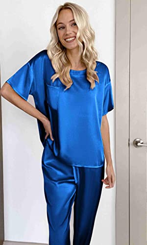 Ekouaer Womens Silk Satin Pajamas Set Two Piece Pj Sets Sleepwear Loungewear Short Sleeve Pj Sets Royal Blue Xl #TOP1
