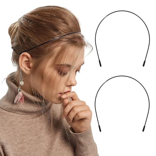Image of 2 Pcs Metal Headbands for Women, Black Headpiece Wire Headband Trendy & Cute, Thin Head Band Simple and Stylish Headwear Hair Accessories (Black)