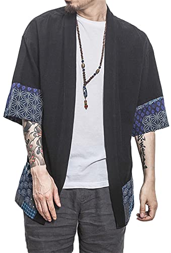 perdontoo Men\'s Casual Kimono Shirt Light Linen Short Sleeve Open Front Cardigan (Medium, Black)