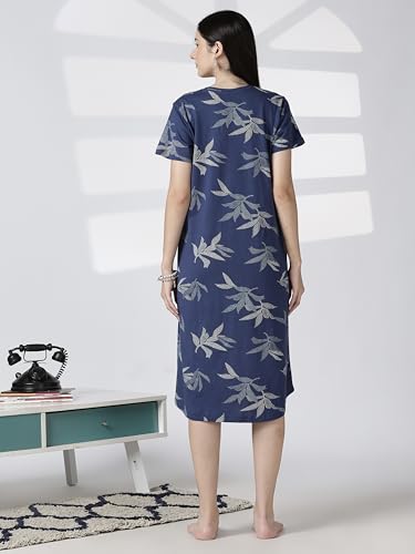 Image of 9shines Label Hosiery Cotton Knee Length Short Night Dress | Short Nighty for Women with Pocket | Graphic Print Nightwear | Night Gown for Women (M-7XL)