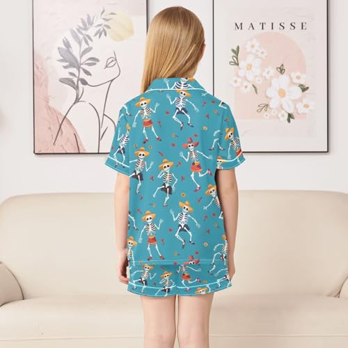 ALAZA Sugar Skull Dance Blue Satin Pajamas Set Short Sleeve Button Down Sleepwear Summer Pjs 2 Piece4