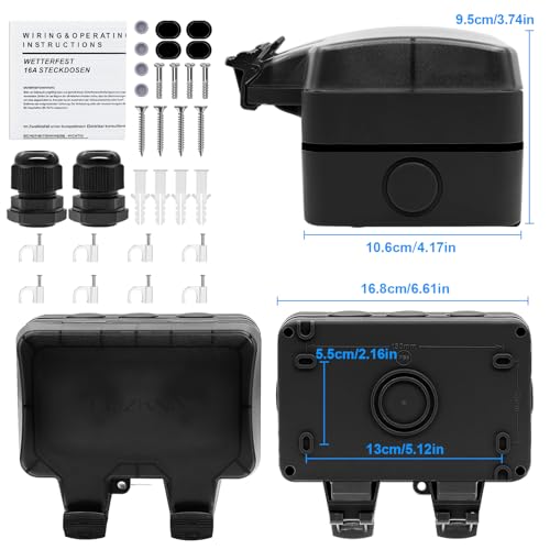 Außensteckdose Steckdose IP66 Wasserdicht Steckdose mit Schalter Kontrollleuchte, Wandsteckdose Feuchtraum Aufputz Schutzkontakt Gartensteckdose Staubdicht Wetterfest Outdoor Steckdose mit Klappdeckel