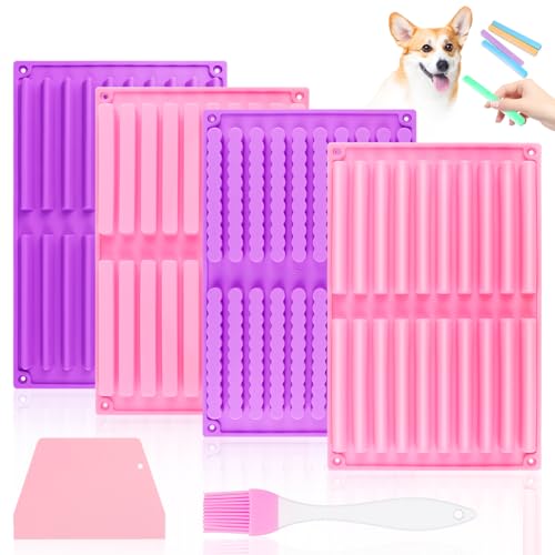 VFANDV 4 Stück Backmatte Hundekekse, 20 Riegel Silikonform Hundeleckerli, Silikon Backmatte Hundekekse, Backform Müsli Riegel, mit Teigspatel und Bürsten, für Selbstgemachte Hundesnacks Snacks