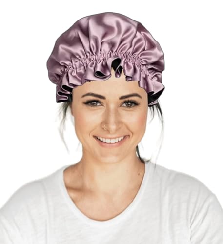 Image of Atrube's Silk Satin Hair Bonnet Reversible with Adjustable Tie Band Wrap Satin Wrap with Hair Scalp Massager Shampoo Brush and 3 Scrunchies (Purple)