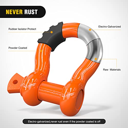 Image of Nilight 2 Pack 3 /4 inch D-Ring Shackle 4.75 Ton (9500 Lbs) Capacity with 7 /8 inch Pin Heavy Duty Off Road Recovery with Isolators & Washer Kit for Jeep Truck Vehicle, Orange (90051B)