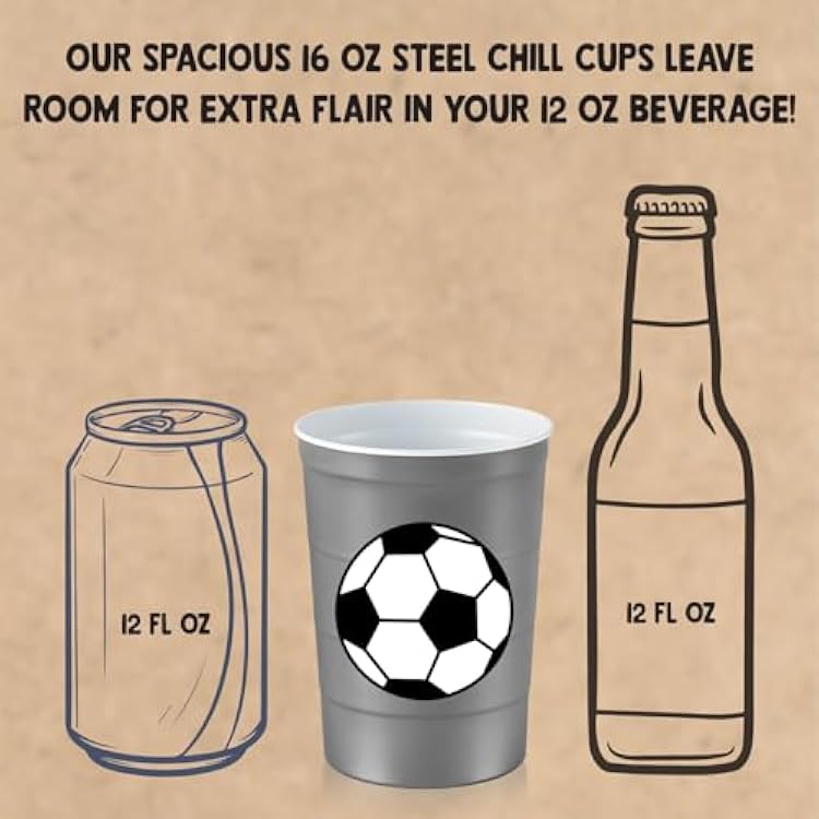 Steel Chill Cups 16 oz. Party Cup Soccer Design for Cold Drinks, Durable, Disposable, Recyclable, Made in USA, Gray, 12 Count