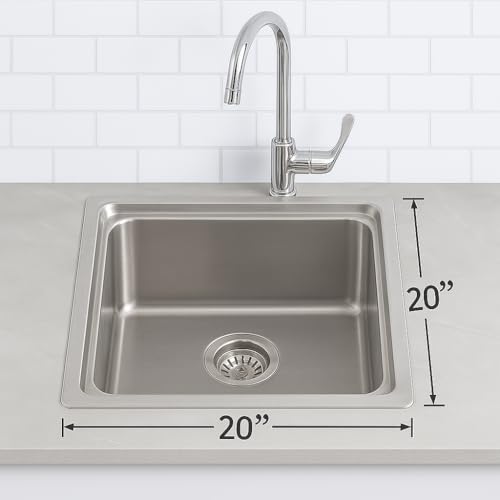 Image of NIRALI Kitchen Sink 20 x 20 Inch Omni 304 Heavy Duty Stainless Steel | Single bowl Sink Round Coupling | Rust & Stain Resistant | Glossy Finish | Minimizes Sound (Glossy, 20 inchx 20 inch x 9 inch)