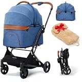 【特許登録済み·1秒瞬間折りたたみ分離型】PETTENA ペットカート MILOU (ミルー) 小型犬 ワンタッチ全車折りたたみ 五つの一秒 超絶便利 分離式 25KG耐荷重 犬用カート 自立型 広い空間 多頭 中型犬 犬バギー 猫 多機能 犬用ベビーカー ブルー