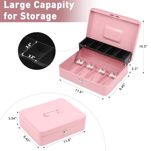 Image of KYODOLED Locking Cash Box with Lock, Money Box with Cash Tray,Lock Safe Box with Key, Money Saving Organizer, 11.81Lx 9.45Wx 3.54H Inches, Pink XL Large