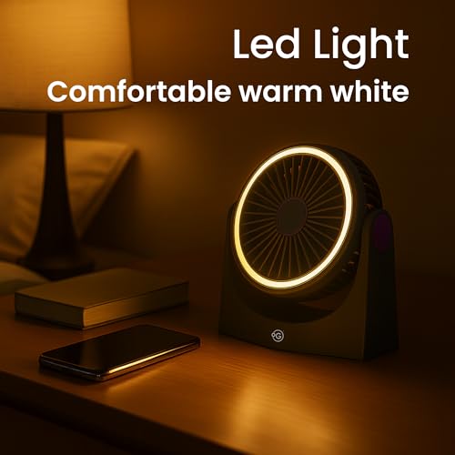 Image of OOGE Breeze 1000 Noise-Free Rechargeable Table Fan | 6 Inch Compact Design | 8 Ft Air Throw | ROHS Certified & Child Safe | Night Light | USB Charging | Portable Desk Fan for Home & Office (Grey)