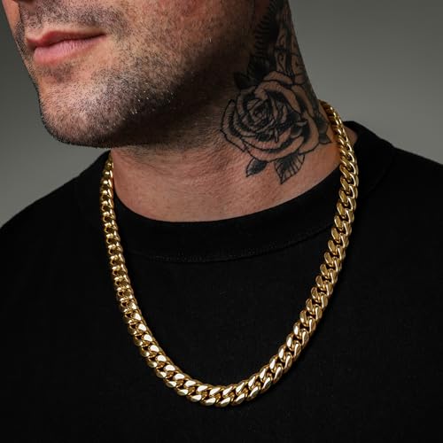 14K Gold Plated Cuban Link Chain for Men, 12MM 316L Stainless Steel Necklace, Gift for Birtday Holiday(Delicate Packing, Double Safety Clasp)3