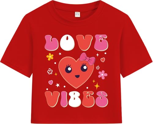 Image of Girls Valentine T-Shirts Crop Tops Short Sleeve Shirts Little Kids Love Heart Graphic Tees
