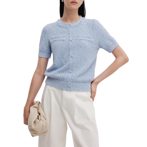 Women's Summer Cropped Cardigan Short Sleeve Knit Top Frayed Edge Cotton Light Blue Button Up Open Front T Shirts