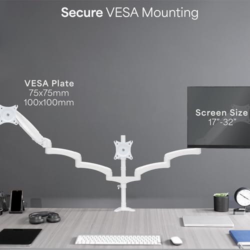 Image of VIVO 17 to 32 inch Triple Pneumatic Monitor Mount, 2 Pneumatic Arms, 1 Fixed, Adjustable Swivel, Rotation, Heavy Duty VESA Desk Stand with C-clamp, Max VESA 100x100, White, STAND-V300GW