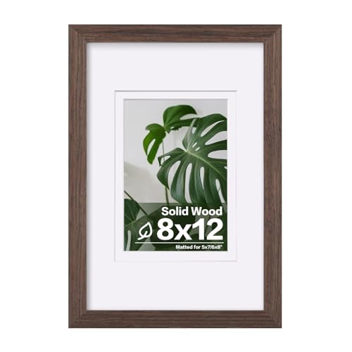 Egofine 8x12 Picture Frame Made of Solid Wood with Plexiglass, Display Pictures 5x7/6x8 with Mat or 8x12 Without Mat for Tabletop and Wall Mounting, Rustic Brown