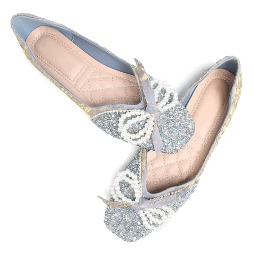 Dear Time Women's Pearl Bow Flats Rhinestones Wedding Ballet Flats Elegant Dressy Sparkly Shoes2