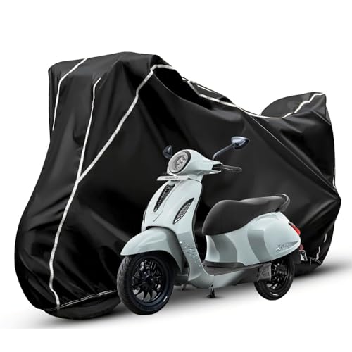Image of Waterproof Bike Body Cover Compatible with Bajaj Chatak Dustproof Scratchproof - Motorcycle Cover for Two Wheeler, Outdoor Full Cover with UV, Duty, Rain Protection (Black & White) R1