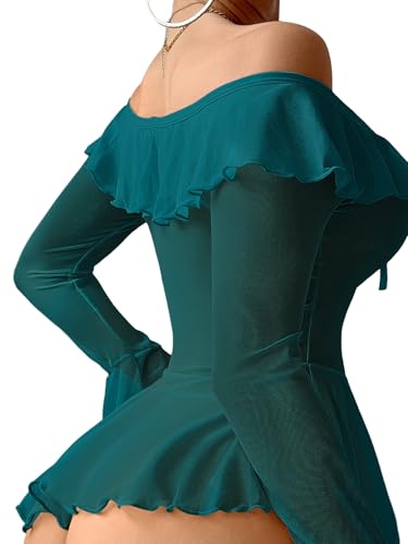 Image of Foxiny Sheer Ruffle Long Sleeve Babydoll Lingerie Dress | Off-shoulder neckline, flared cuffs and a flounce hem add movement; thong and thigh-high stockings complete the 3-piece set