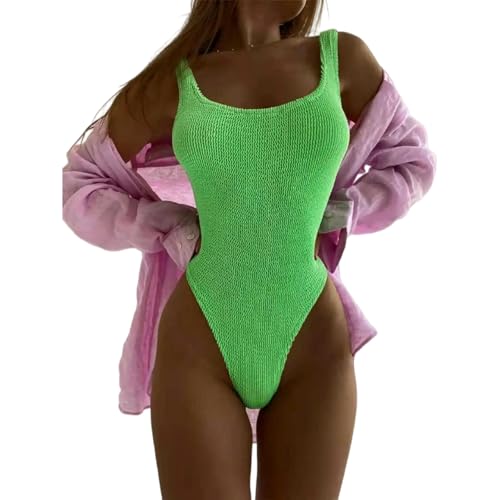 Image of Fryloo swimsuit Women Blue Crinkle Textured One Piece Swimsuit, Square Neck High Cut Monokini Swimwear For Beach Pool-5 Neon Green-m
