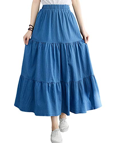 Femiserah Women's Elastic Waist Denim Tiered Skirt Long Prairie Skirts