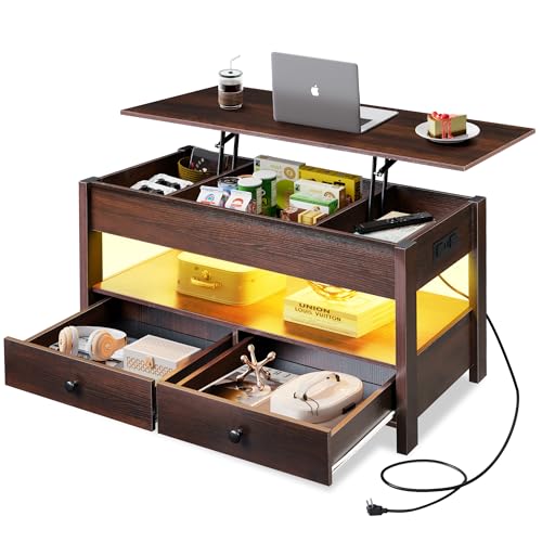 Image of WLIVE Lift Top Coffee Table with 2 Drawers Storage, LED Light, Espresso | Mid Century Modern Wooden Coffee Table, for Dining /Living Rooms /Offices; 39.4 inchW x 19.5 inchD x 19.1 inchH
